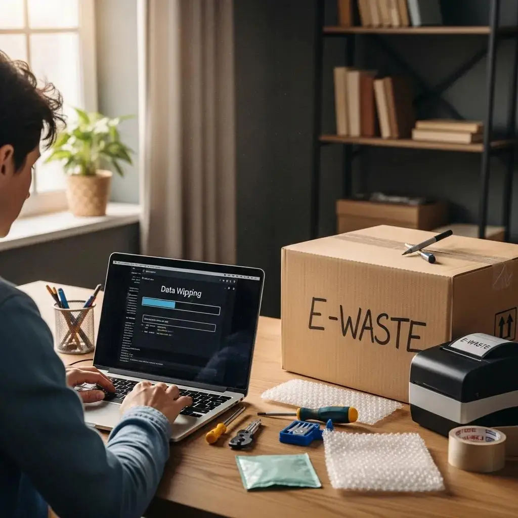 Individual preparing electronics for safe disposal, highlighting data wiping and secure packaging