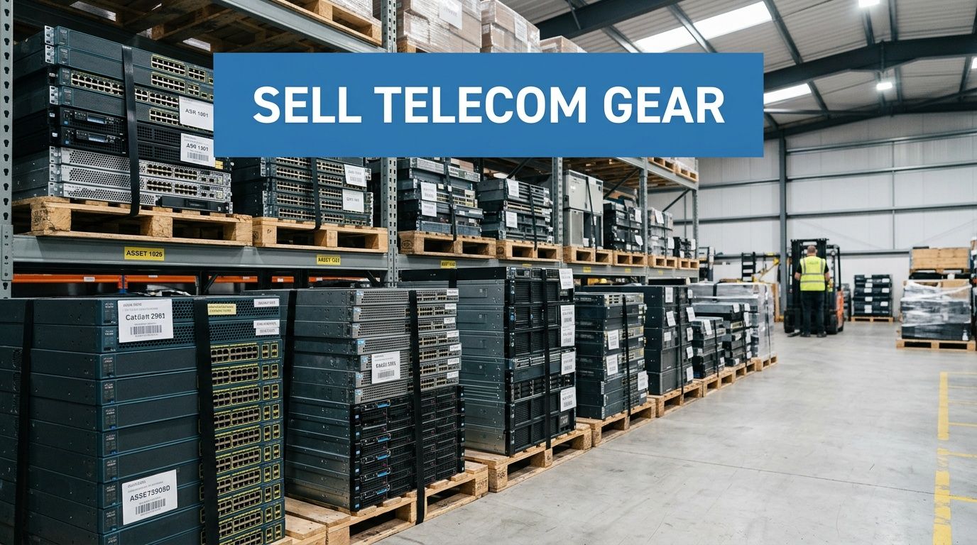 A warehouse filled with stacked telecommunications networking hardware on wooden pallets with a forklift in the background.