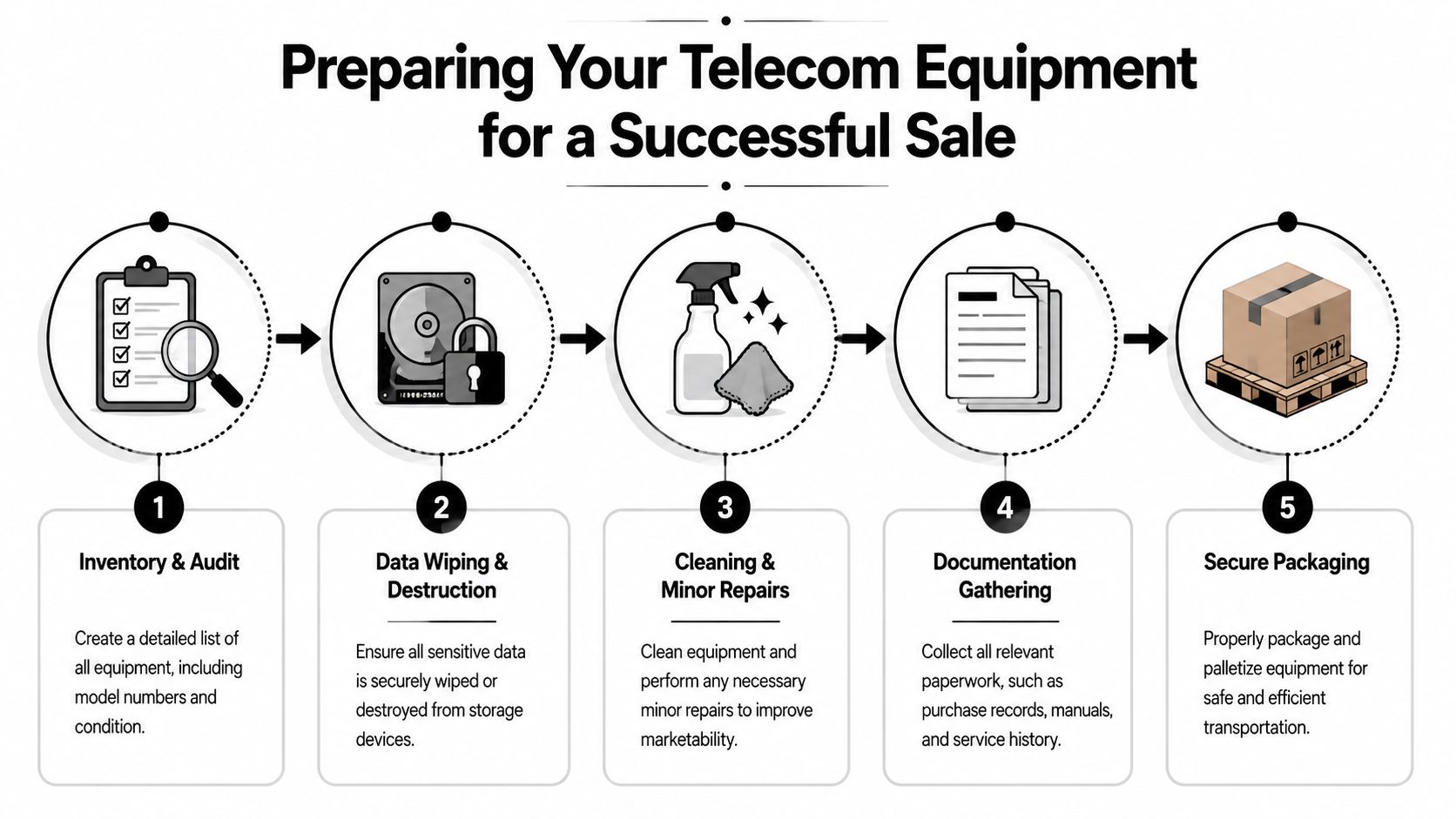 A five-step infographic showing how to prepare used telecom equipment for a successful business sale.