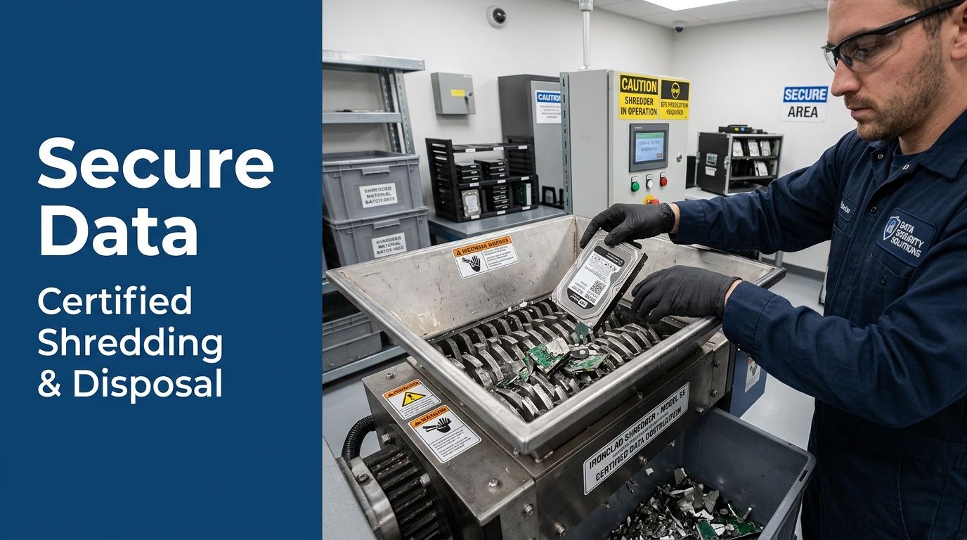 A professional technician wearing safety gear destroys a hard drive in an industrial data shredding machine.