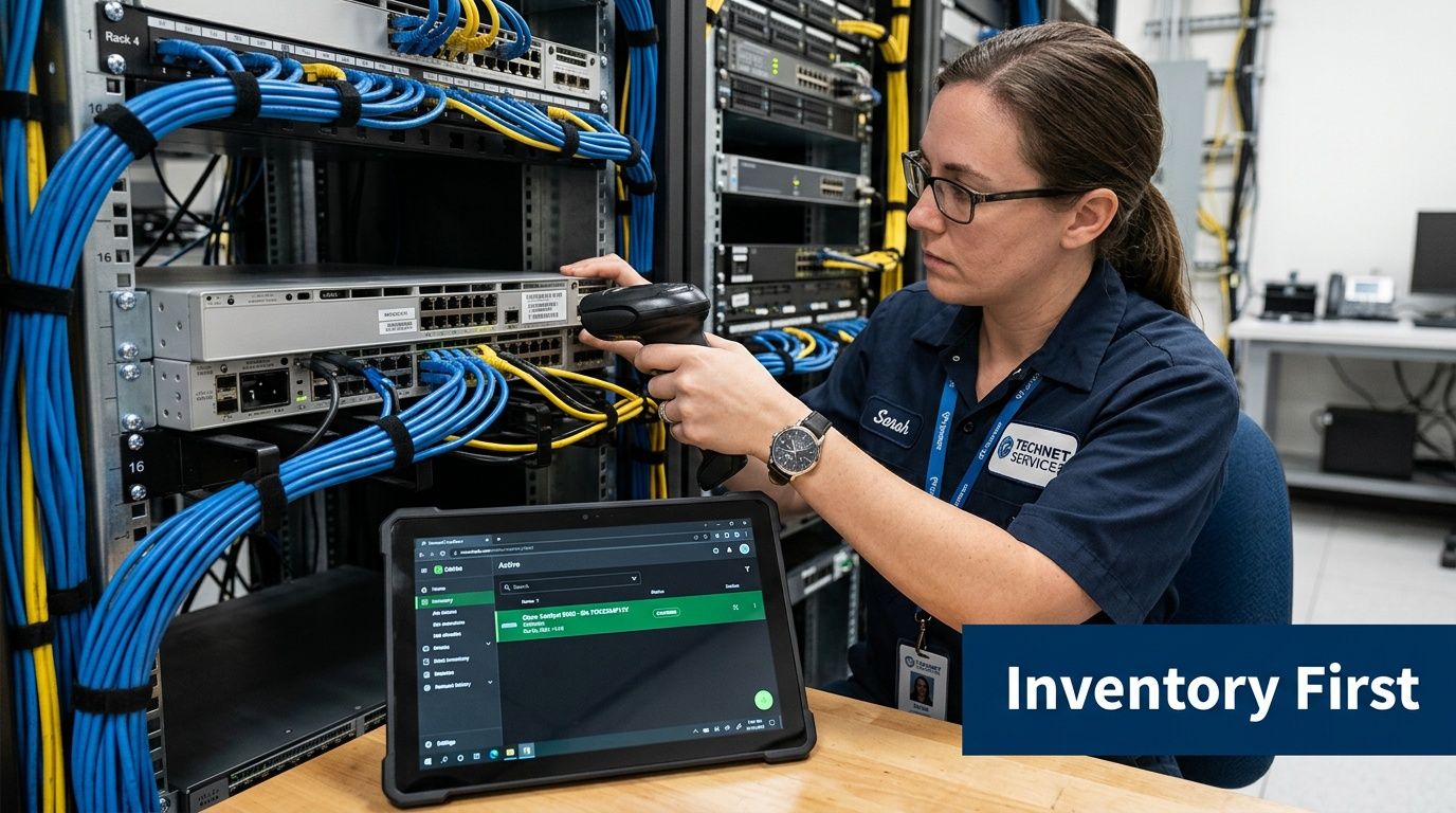 A technician scanning network equipment in a server room to update inventory for a telecommunications company.